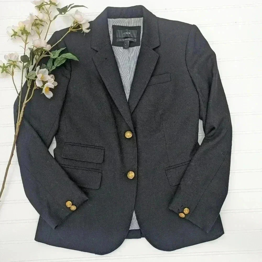 J. Crew Black Wool Blazer with Gold Buttons, Sz 2P